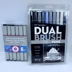 Tombow Dual Brush Pens Grayscale 10pc & Artist's Loft Sketch Markers Bundle New